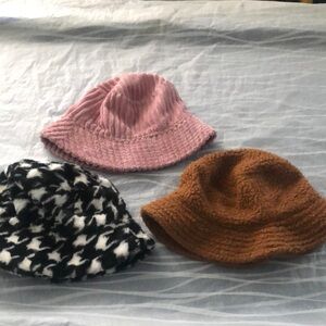 Pink and Brown Cozy Knit Bucket Hats with Underlining